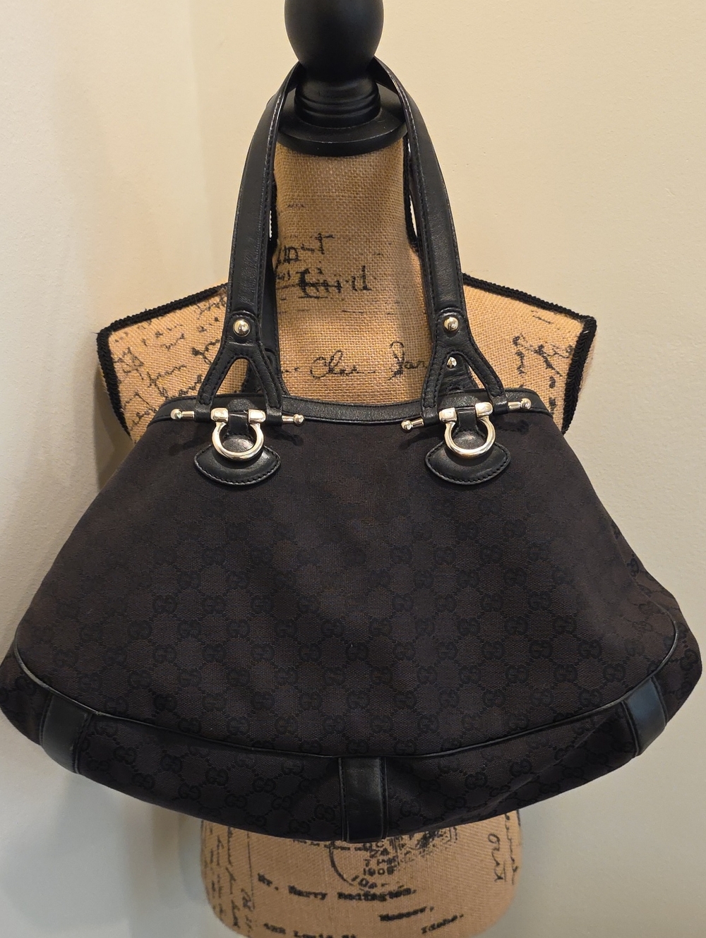Gucci Black Monogram Canvas Shoulder Bag with Leather Trim